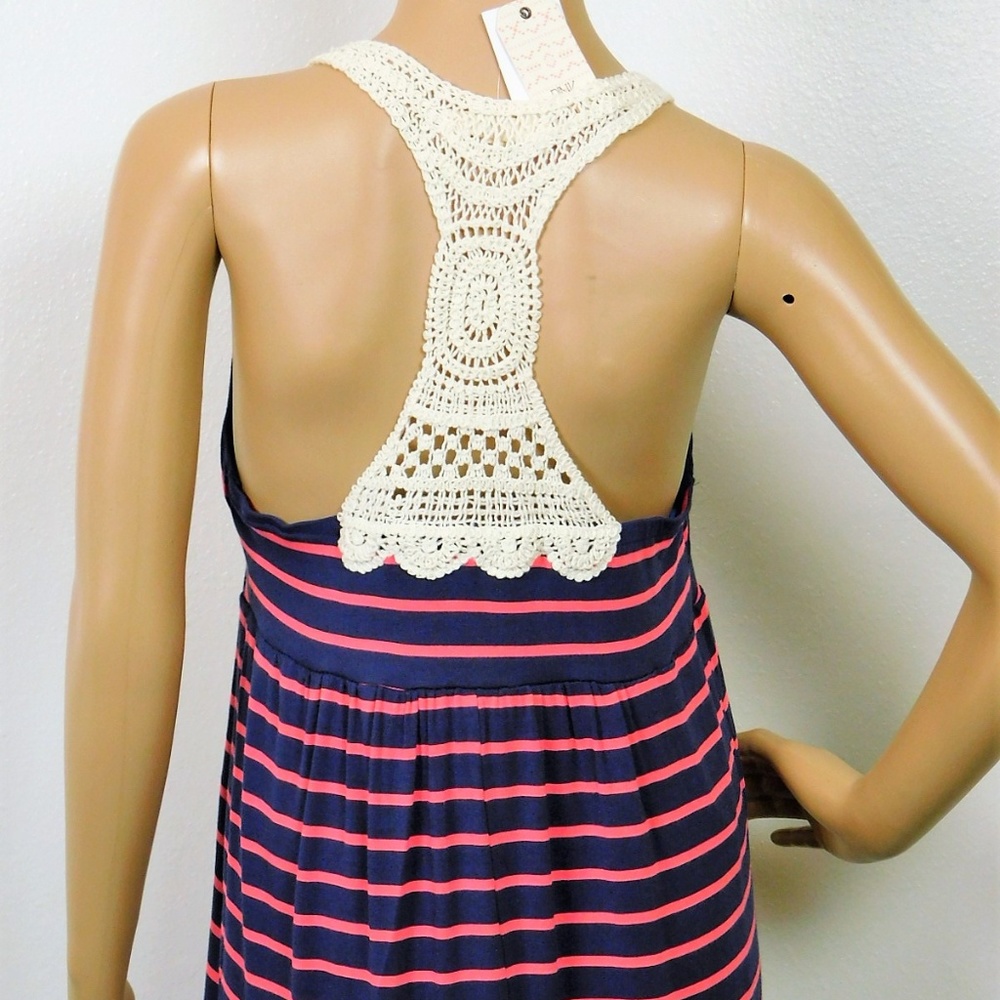 Navy Stripe Crochet Open Back Halter Sun Dress M 7‎